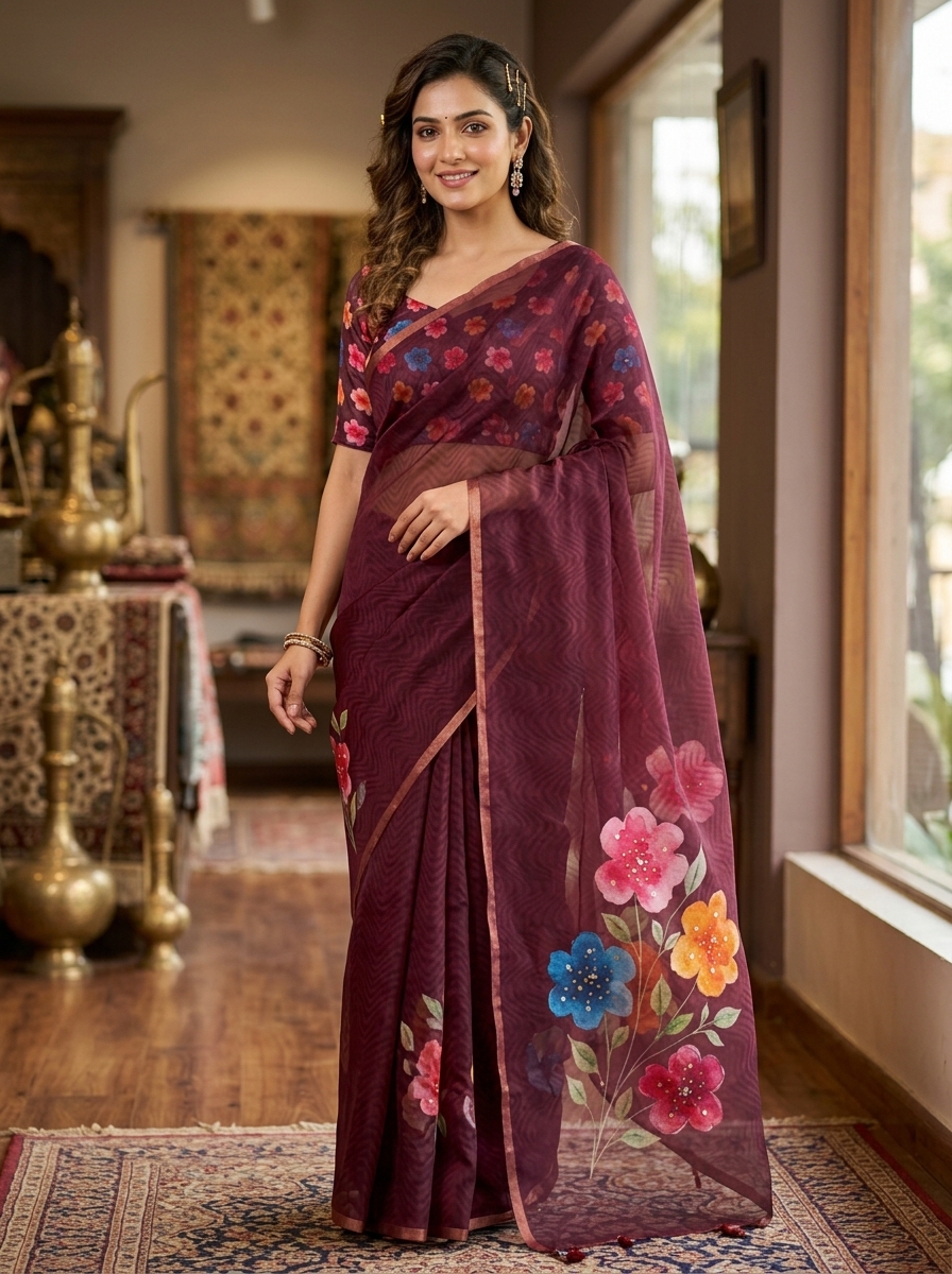 Maroon Organza Saree with Pink Floral Digital Print and Gold Zari Border.